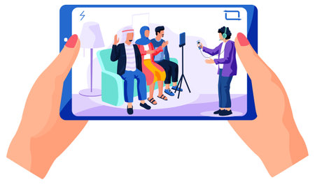 People of arab nationality give interviews on camera. Man with phone in hands is recording a video massage from people and smiling. Man and woman are broadcasting online with using a mobile phoneのイラスト素材