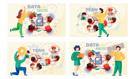 Data analysis teamwork scenes set. A team of analysts holds a meeting, develops a marketing strategy based on analysis of financial performance. Business meeting, consideration of working issuesのイラスト素材