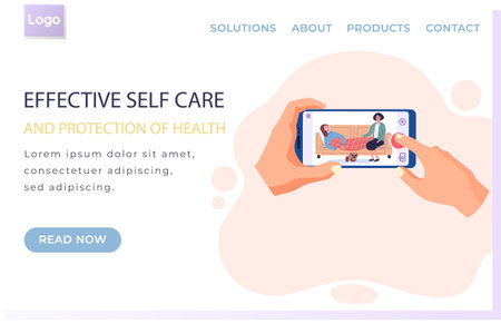 Internet website page layout. Girl measures temperature on phone screen. Effective self care and protection of health concept. Application home page design. Woman helping sick person to treatのイラスト素材