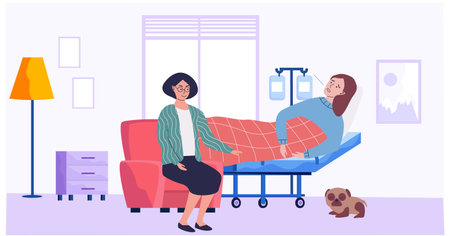 Woman is helping patient to treat. Girl wrapped in blanket measures temperature in hospital. Female character lies in bed with thermometer in her mouth. Self care and treatment on quarantine conceptのイラスト素材