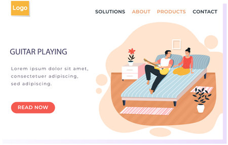 Couple playing musical. Character creates music. Musician playing strings on instrument. Guy sings with guitar for girlfriend. Woman listens to her man. Family resting at home. Husband sing to wifeのイラスト素材