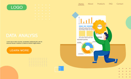 Data analysis landing page template with man holding cogwheel prepares to provide financial business plan, Businessman researcher with progress report. Character stands with gear near diagramのイラスト素材