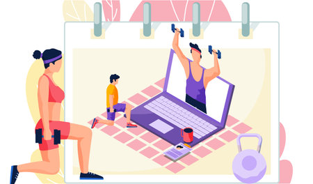 Man and woman athletes doing lunges with dumbbells near the laptop. People repeat exercises behind a guy trainer on a computer monitor. Sports video blog. Online training. Workout at homeのイラスト素材