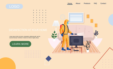 Disinfection in your home landing page temlate with sanitary worker disinfects living room to kill viruses and bacteria. Male character in protective suit sprays room with disinfectant soluteのイラスト素材