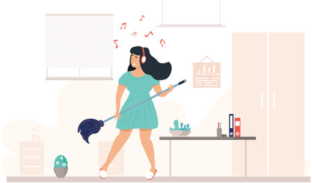 Girl with headphones is singing. Musician imagines guitar and plays in office. Woman playing mop like guitar at workplace. Person creates melody. Female character performs music vector illustrationのイラスト素材
