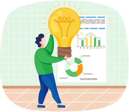 Man develops creative business idea holding bright light bulb standing near whiteboard with diagram. Male character with new innivation idea, business research, solutions, development growth strategyのイラスト素材