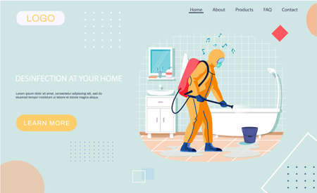 Disinfection in home landing page temlate with sanitary worker disinfects bathroom in apartment to kill viruses and bacteria. Male character in protective suit sprays room with disinfectant soluteのイラスト素材