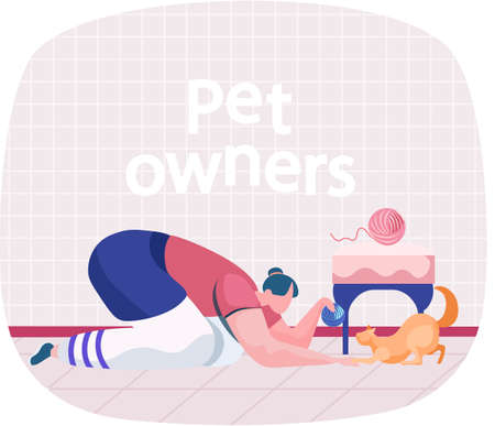 Young girl squatted down playing with her ginger cat at home. Funny game with little pet in livingroom. Woman shows love and care for kitten. Girl training pet with ball. Toys for animal entertainmentのイラスト素材