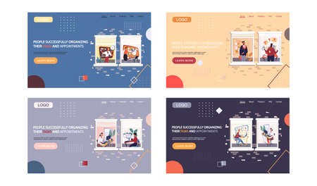 People organizing their tasks and appointments landing page template set, businessman stands at...