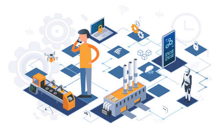 Industry automation production line, internet of things and machine interface. Male engineer...