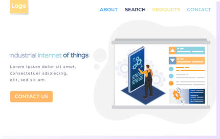 Industrial internet of things landing page template, smart industry, male worker connecting with factory using tablet. Artificial intelligence. Engineer controls equipment with application, web designのイラスト素材