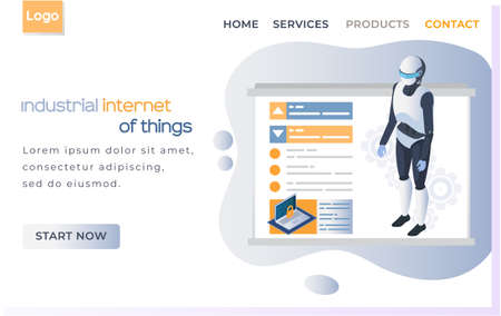 Industrial internet of things. White robot works with digital interface using computer. Humanoid virtual technical assistant future concept. Artificial intelligence, chat bot 4ir revolution, AI, IoTのイラスト素材