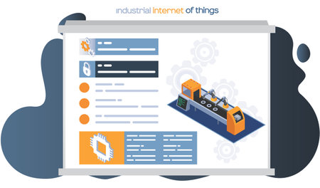 Industrial internet of things 4ir revolution, AI, IoT. Machinery and robotic arm autonomous production. Automated factory assembly line stand-alone tool conveyor belt controlled manufacturing processのイラスト素材