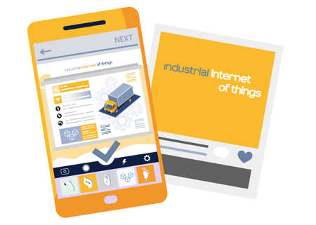 Delivery service app on mobile phone. Website with truck, commersial vehicle, industrial internet of...