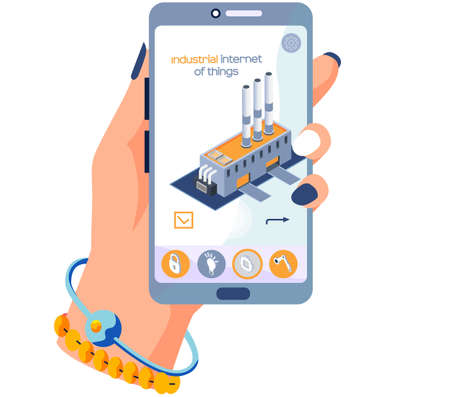 Innovative production building on phone screen. Industrial internet of things. Industry automation factory with manufacturing equipment using digital devices and technologies, technical applicationのイラスト素材