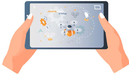 Human hand holding tablet pc with industrial internet of things webpage, smart logistics services....