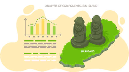 Analysis of components jeju island, poster to reveal statistics of tourists visiting showplace. Travel to Asia to Haruban Stone Park attraction. Green island in south Korea touristic entertainmentのイラスト素材
