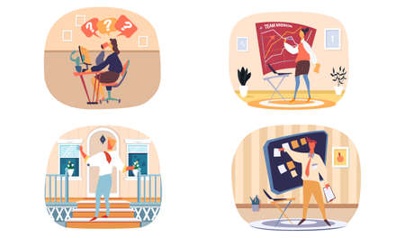 Office teamwork business people working together, make presentations and reports, communicating colleagues. Persons talking standing near blackboard, sitting at table with computer set of four scenesのイラスト素材