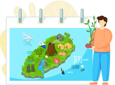 Jeju island map in cartoon style with main attractions and inscriptions. Beautiful green island in...