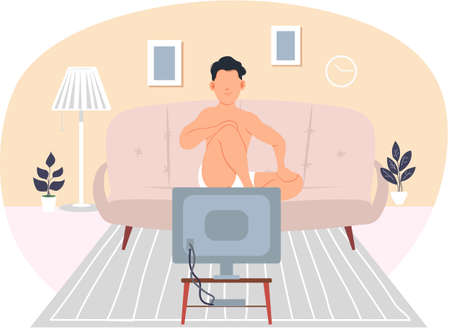Man watching television in living room vector illustration. Male character rests sitting on sofa at home. Sexy guy in underwear sits on couch. Person in shorts looks at TV screen and relaxesのイラスト素材