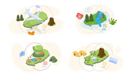 Jeju island sights set of four scenes. Travel to South korea. Welcome to Jeju. Vacation in Asia. Banner with traditional landmarks, popular place for visiting tourists at green tropical islandのイラスト素材