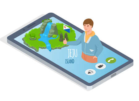 Man talk on video link discuss vacation in Asia. Travel to South korea. Welcome to Jeju. Stone statues and waterfall traditional landmark, sight, popular place for visiting tourists at green islandのイラスト素材