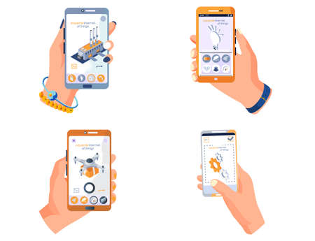 Human hand holding phone with app about modern technologies attributes of technological progress smart industrial production. Applications on smartphone to control technological equipment, quadcopterのイラスト素材