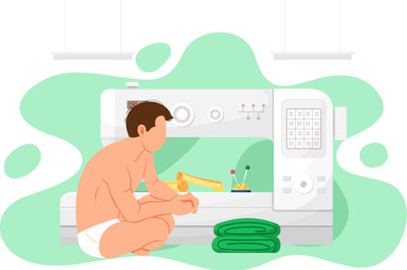 Sewing machine vector illustration. Custom tailoring with special equipment. Guy in swimsuit after bath is looking at stack of green cloth. Man resting while making clothes in studio or atelierのイラスト素材