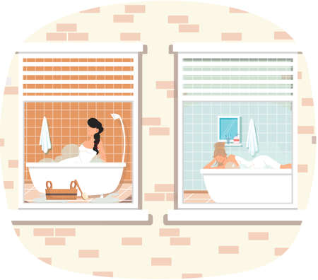 View from window on guys resting in home sauna with steam. Men are taking bath. Male characters lying and relaxing in hot water. Trendy bathrooms interior design. Cleansing skin and hair conceptのイラスト素材