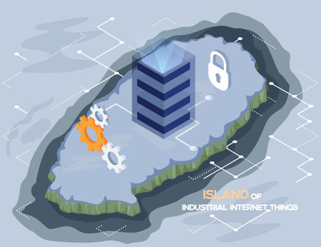 Industrial internet things 4ir revolution, AI, IoT, digital information technologies. Big data processing center on island server energy station of future. Global transferring technology remote accessのイラスト素材