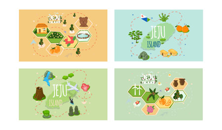 Welcome to Jeju island in South Korea, traditional landmarks, symbols, popular place for visiting tourists, jeju green tropical island travel concept. Korean land with traditional attractionsのイラスト素材