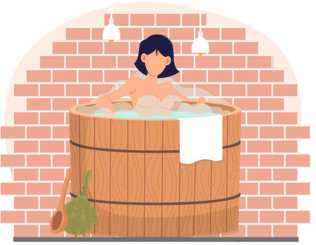 Young woman sitting in tub. Bathhouse or banya at home interior design. Sexy girl in barrel is resting in sauna. Female character in hot steam. Person is cleaning skin in special home saunaのイラスト素材