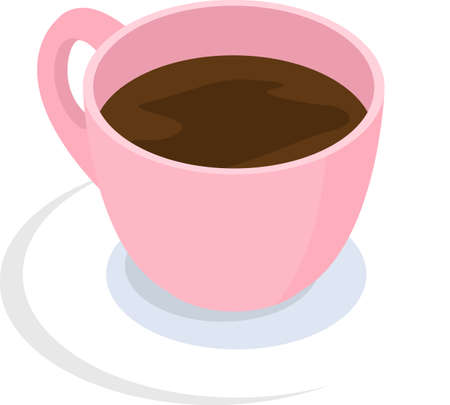 Cup of coffee and saucer, side view flat vector. Pink mug with hot tea isolated on white background. Warm drink attribute of good morning, porcelain cup with handle, espresso in cafe or restaurantのイラスト素材