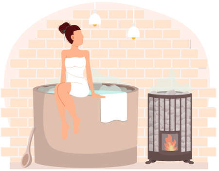 Young woman sitting on tub. Bathhouse or banya at home interior design. Girl on barrel wrapped in towel is resting in sauna. Female character in hot steam. Container with water heated by fire deviceのイラスト素材