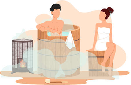 People are cleaning body and communicating together in bathhouse. Couple is resting in saunaのイラスト素材