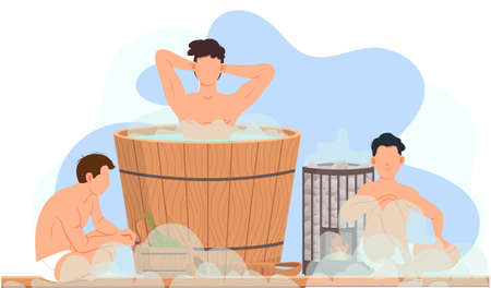Male characters in hot steam spending time and communicating together in sauna with wooden fontのイラスト素材