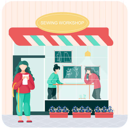 Sewing workshop or professional tailor shop. Atelier facade with awning and big showcase windowのイラスト素材