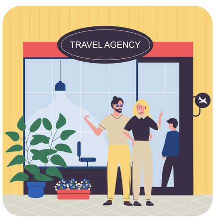 Woman and man stand near travel agency with plants. Young couple planning trip to see worldのイラスト素材