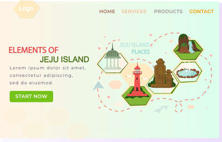 Welcome to Jeju island in South Korea, traditional landmarks, symbols. Korean land with traditional attractionsのイラスト素材