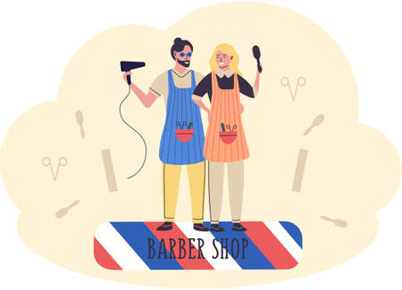 Professional male and female barber characters, smiling hairdressers stand together with accessoriesのイラスト素材