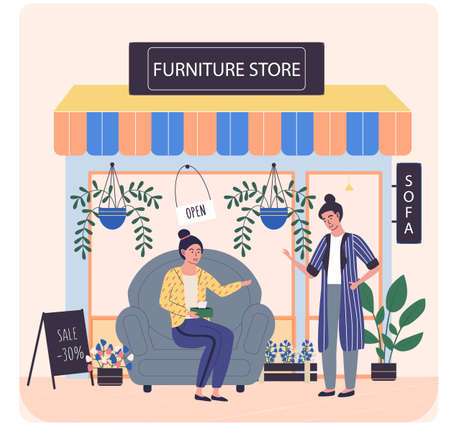 Furniture store, female buyer consults with seller regarding purchase of chair during saleのイラスト素材