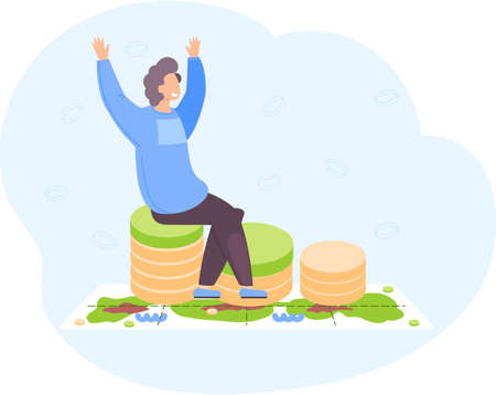 Happy businessman sitting on coins. Rich man on top of coin stack. Business success financial profitのイラスト素材