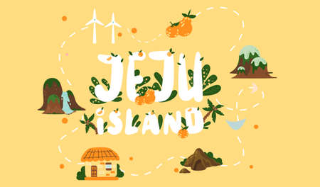 Welcome to Jeju island in South Korea, traditional landmarks, symbols. Korean land with traditional attractionsのイラスト素材