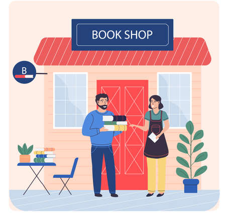 Man buys books from woman near small bookstore. Businesswoman sells books to readers in shopのイラスト素材