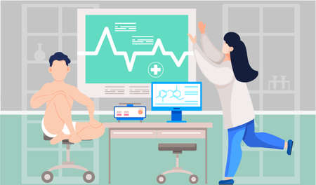 Woman in lab coat doctor examines patient s heart makes cardiogram. Male patient sit in laboratoryのイラスト素材