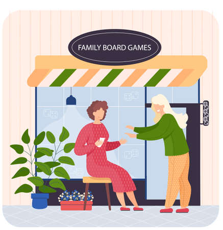 Family board games shop, awning with entertaining gaming, people sitting near store playing cardsのイラスト素材