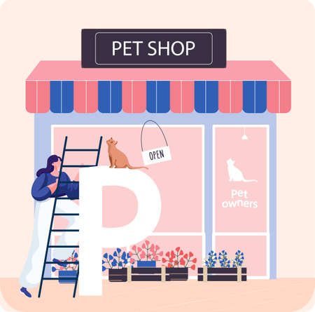 Pet shop concept, awning with domestic animals accessories, store indoors, veterinarian marketのイラスト素材