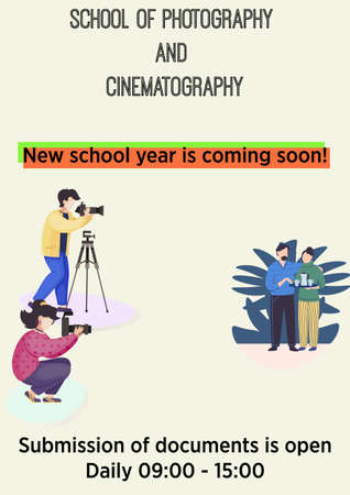 Photographer and cinematography school or profession photography courses advertisement poster