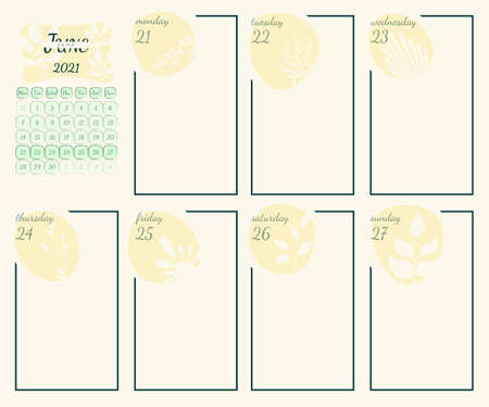 Wall calendar page template with seasonal graphics for month. June summer themed calender pageのイラスト素材