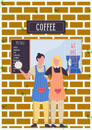 Coffee shop, street cafe with menu board and open window showcase, family business restaurantのイラスト素材